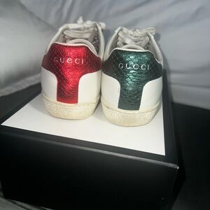White Leather Men's Sneakers with Green & Red Stripe